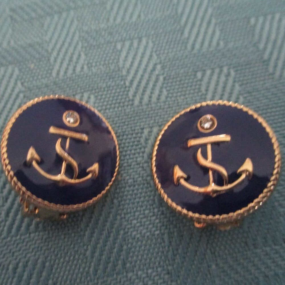 Anchor Blue/Goldtone/Crystal Clip-on Earrings
